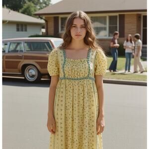 Handmade Vintage 1960s Floral Yellow Gingham Empire Waist Puff Sleeve Maxi Dress